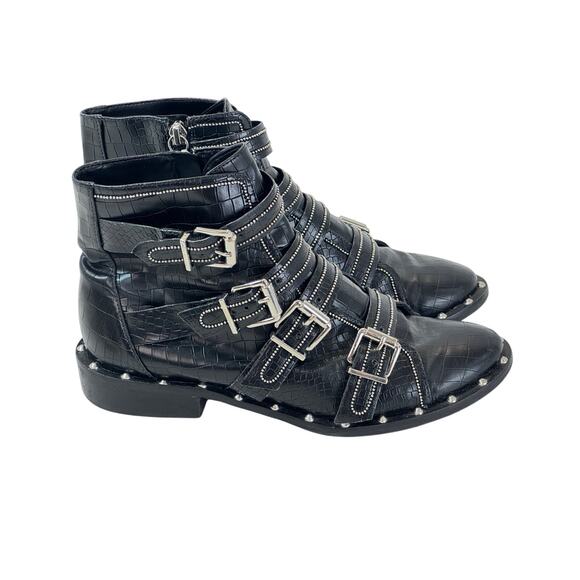 Schutz Darcey Croc Embossed Leather Boots Womens 37 /6 Black Buckles Studded